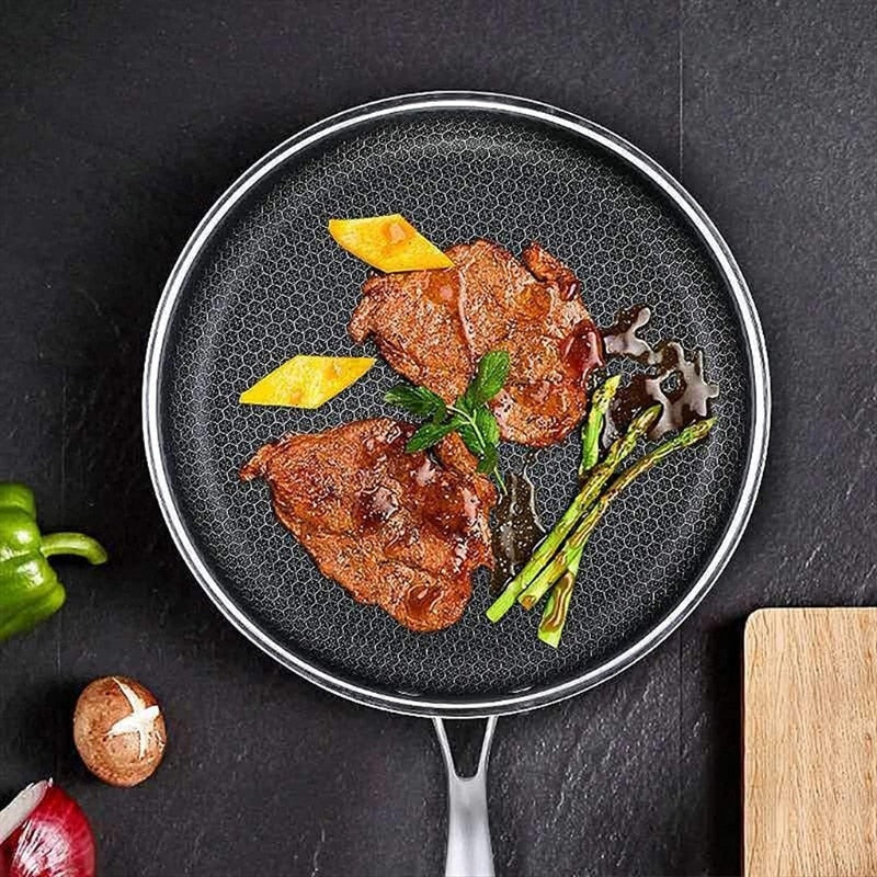 Stainless Steel Frying Pan with Pixel Pattern Surface and Scratch Resistant Coating