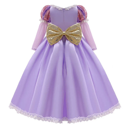 Girls Ball Gown Dress with Puff Sleeves and Applique Details, Mid Calf Length