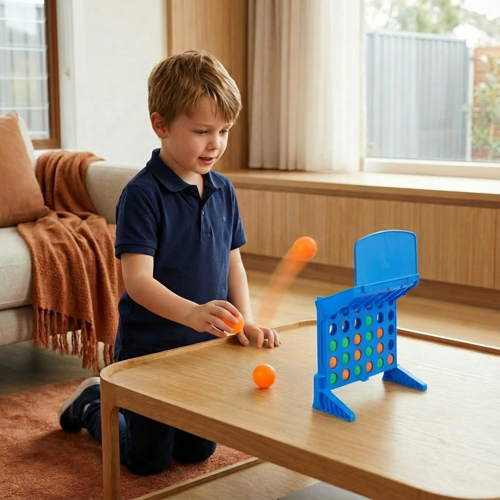 Bounce and Aim Target Game with Colorful Balls and Foldable Grid for Lining Up Four