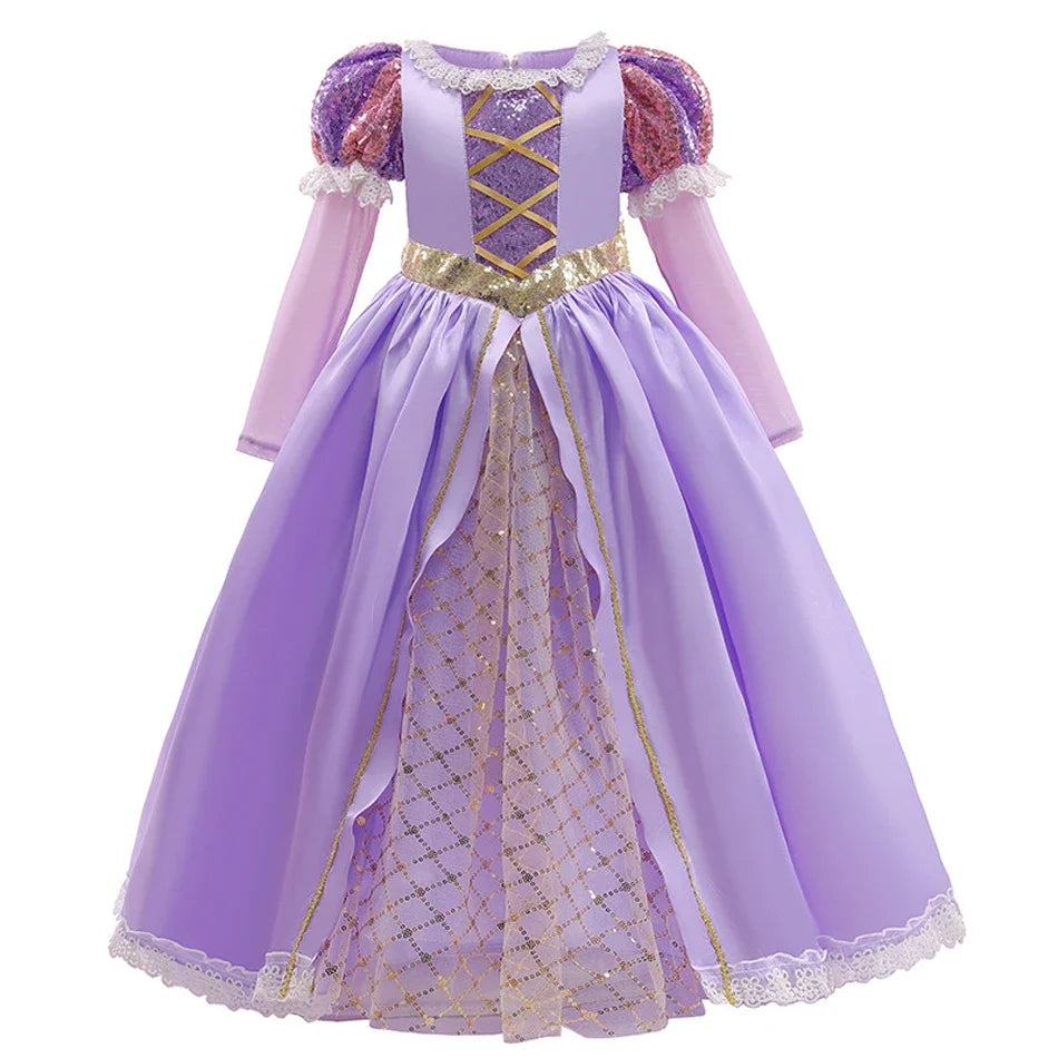 Girls Ball Gown Dress with Puff Sleeves and Applique Details, Mid Calf Length