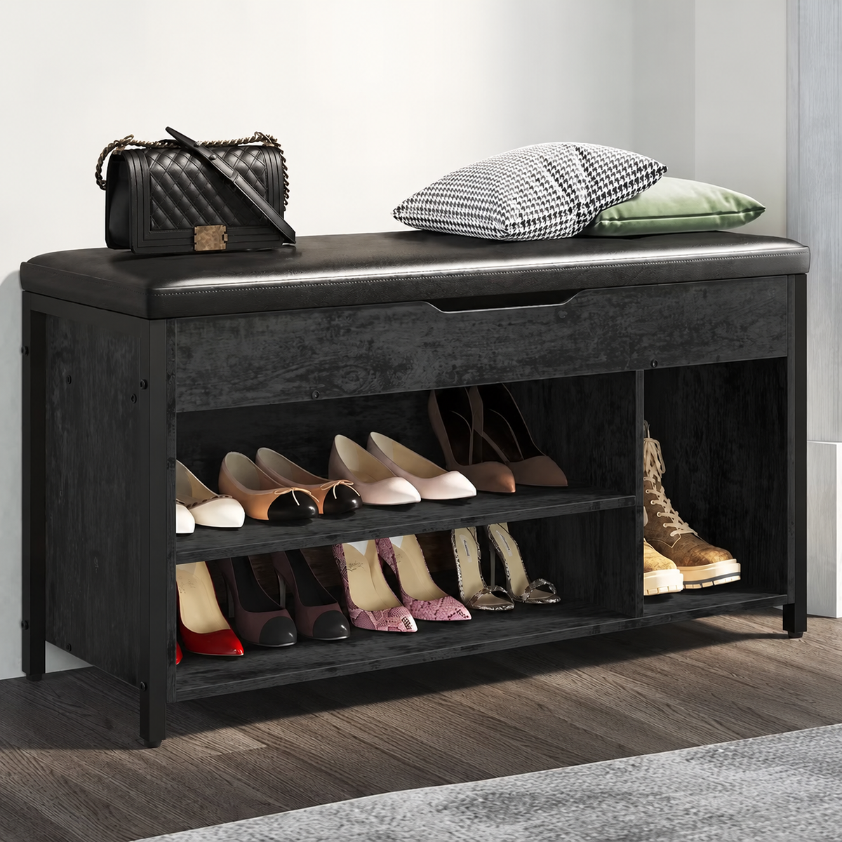 Metal and Wood Shoe Storage Bench with Cushioned Seat for Entryway