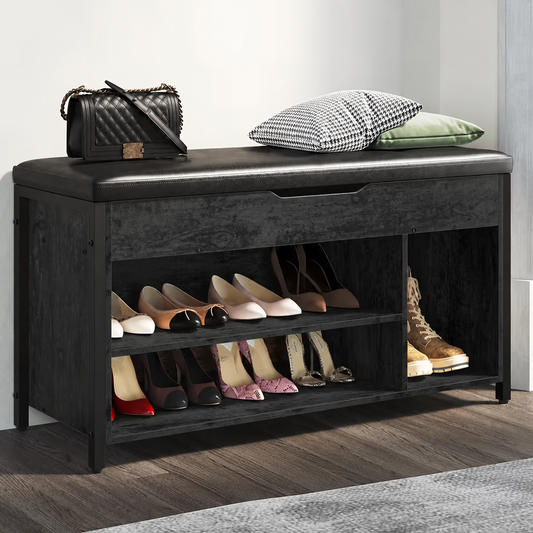 Metal and Wood Shoe Storage Bench with Cushioned Seat for Entryway