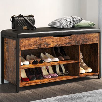 Metal and Wood Shoe Storage Bench with Cushioned Seat for Entryway
