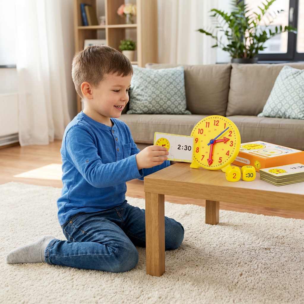 Learning Clock Game with Movable Hands, Time Cards and Dice for Matching Times at Home or in Class