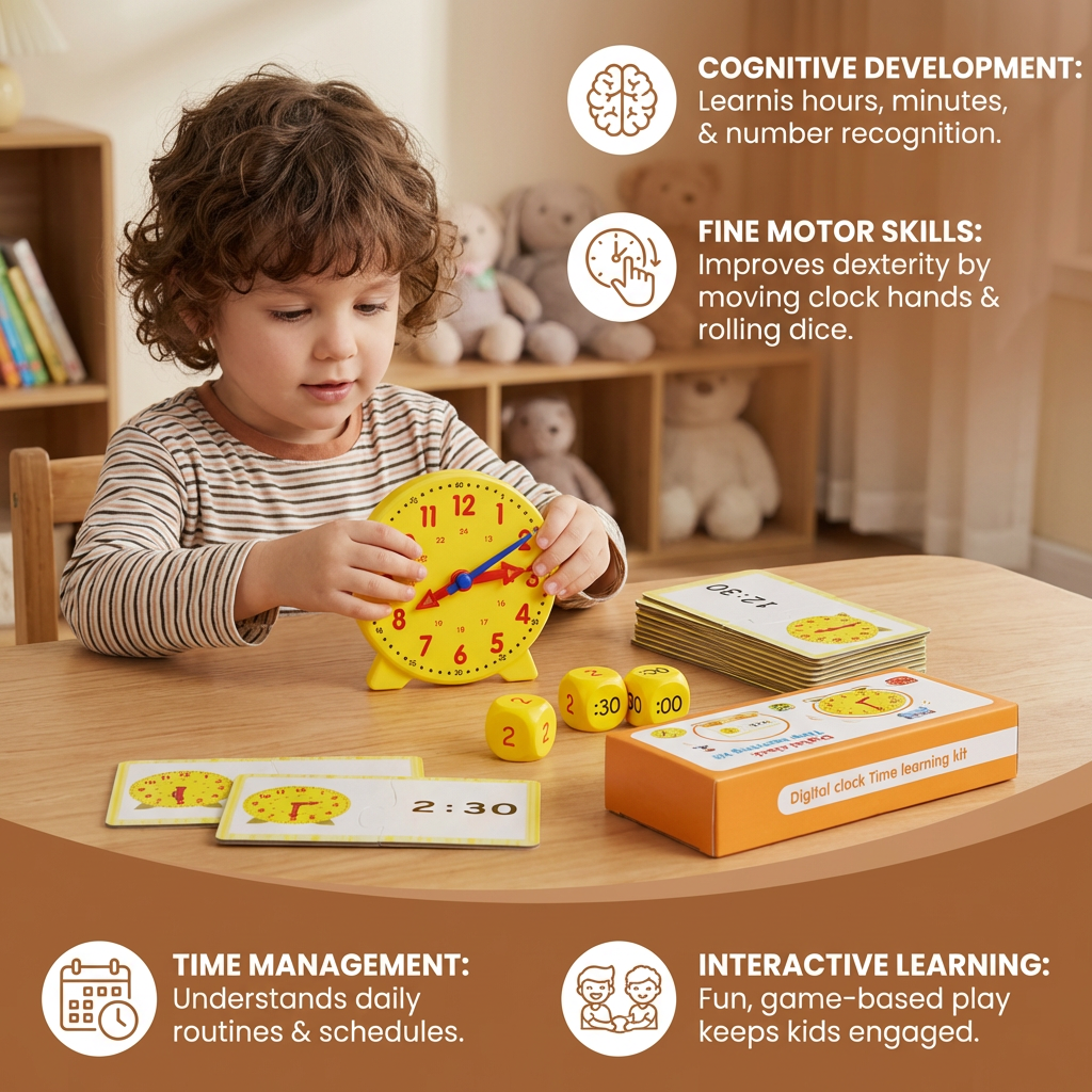 Learning Clock Game with Movable Hands, Time Cards and Dice for Matching Times at Home or in Class