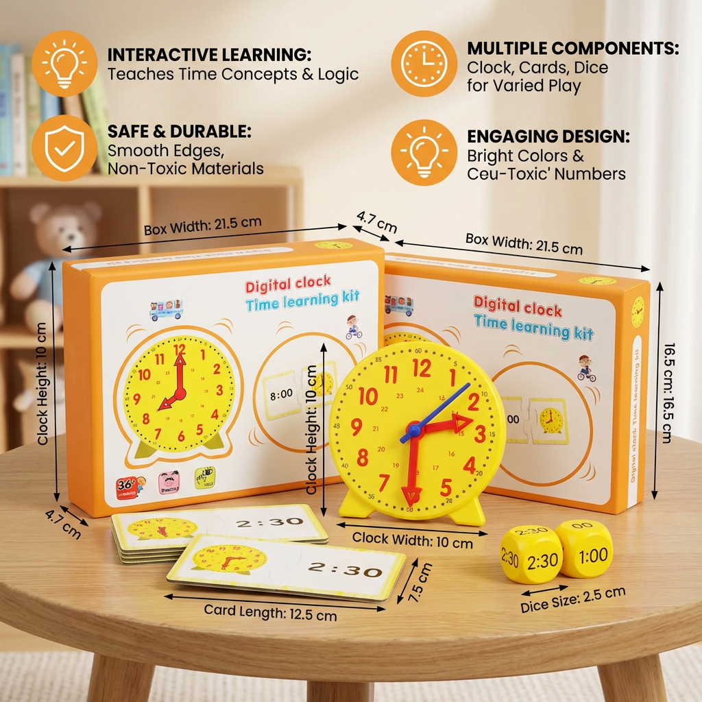 Learning Clock Game with Movable Hands, Time Cards and Dice for Matching Times at Home or in Class
