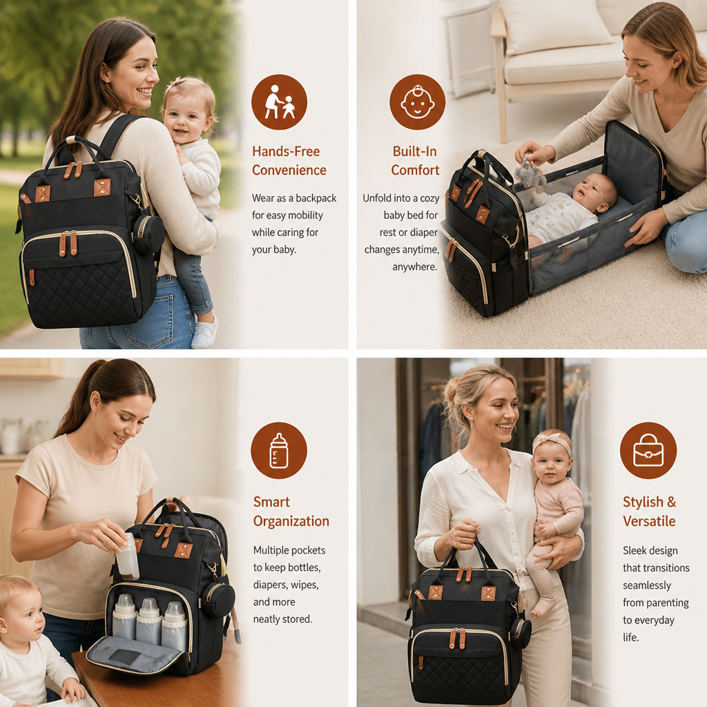 3 in 1 Diaper Backpack with Built In Foldable Baby Bed and Changing Area