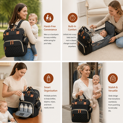 3 in 1 Diaper Backpack with Built In Foldable Baby Bed and Changing Area