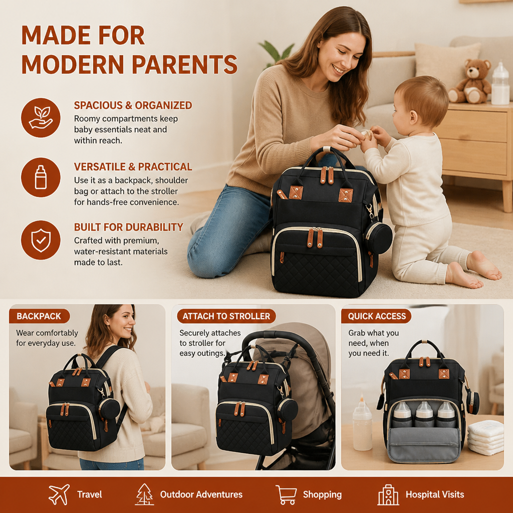 3 in 1 Diaper Backpack with Built In Foldable Baby Bed and Changing Area