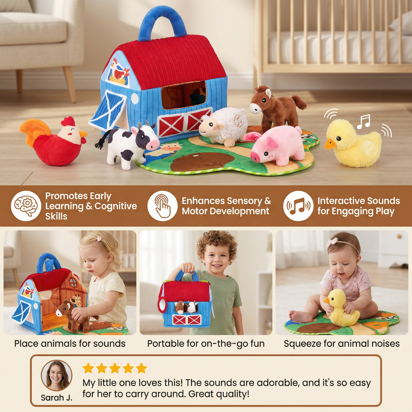 Foldable Farm Playhouse with Plush Animals and Interactive Sounds