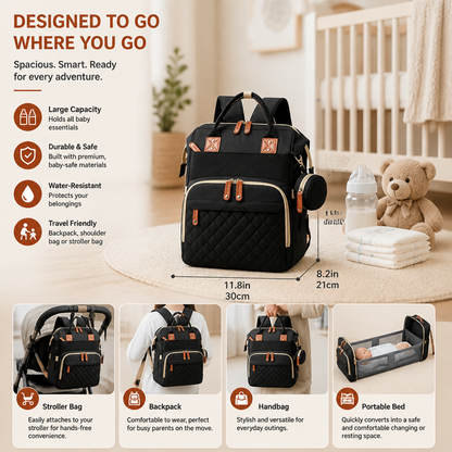 3 in 1 Diaper Backpack with Built In Foldable Baby Bed and Changing Area