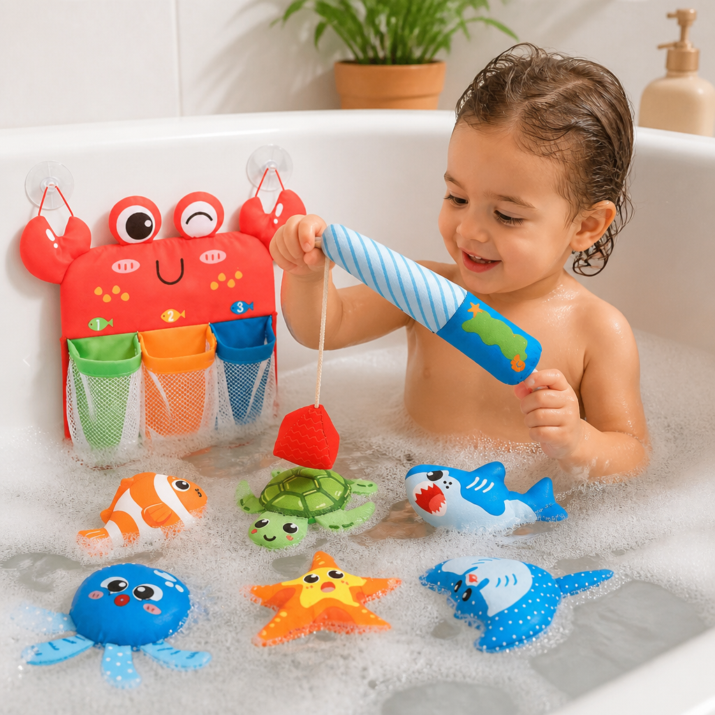 Magnetic Fishing Bath Toy Set with Sea Creatures and Storage Net