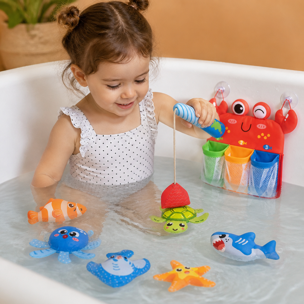 Magnetic Fishing Bath Toy Set with Sea Creatures and Storage Net