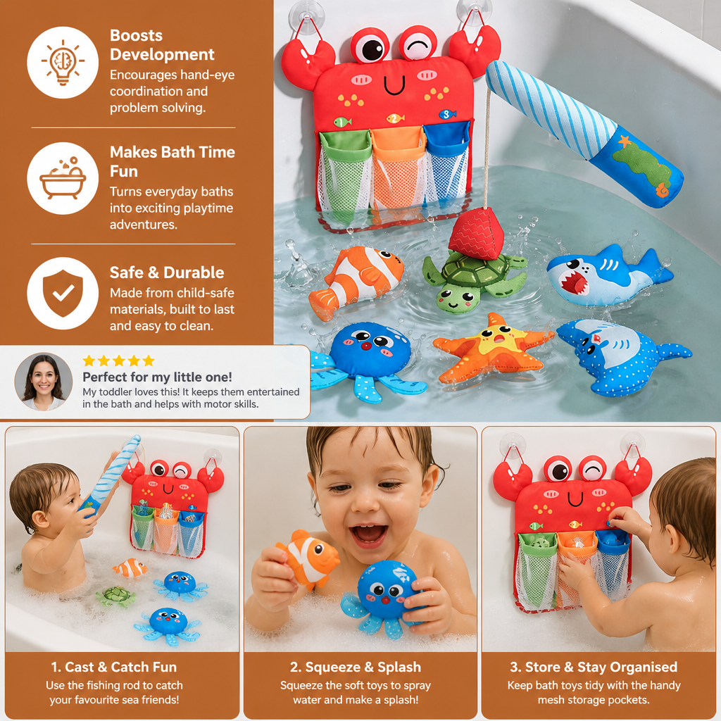Magnetic Fishing Bath Toy Set with Sea Creatures and Storage Net