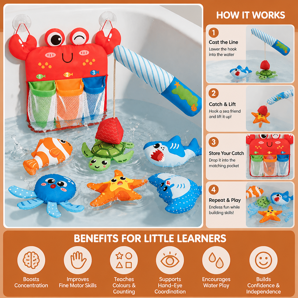 Magnetic Fishing Bath Toy Set with Sea Creatures and Storage Net