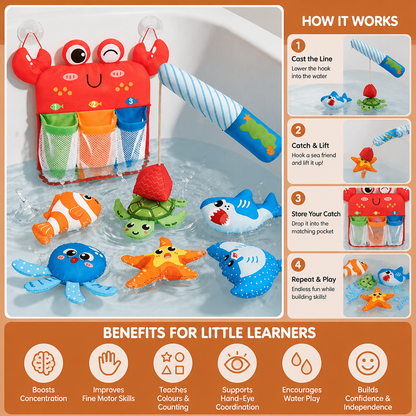 Magnetic Fishing Bath Toy Set with Sea Creatures and Storage Net
