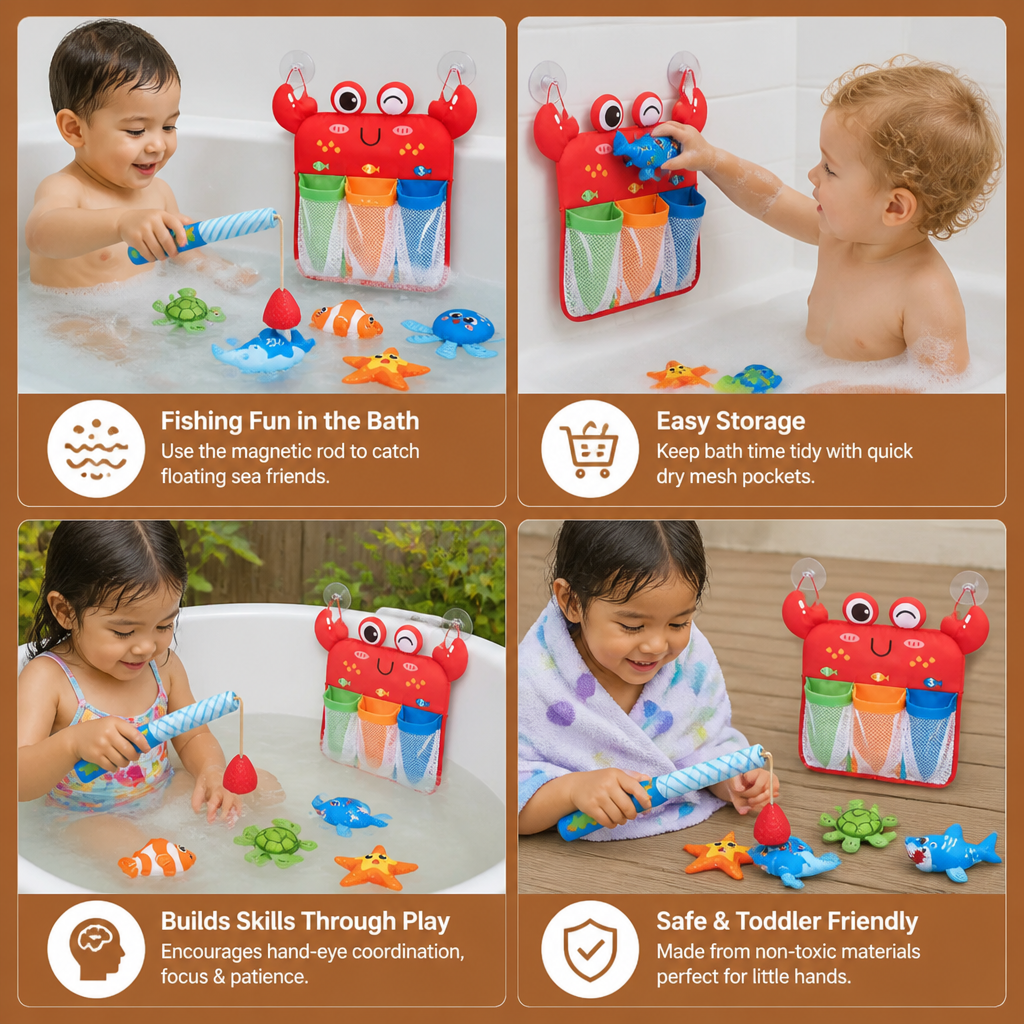 Magnetic Fishing Bath Toy Set with Sea Creatures and Storage Net