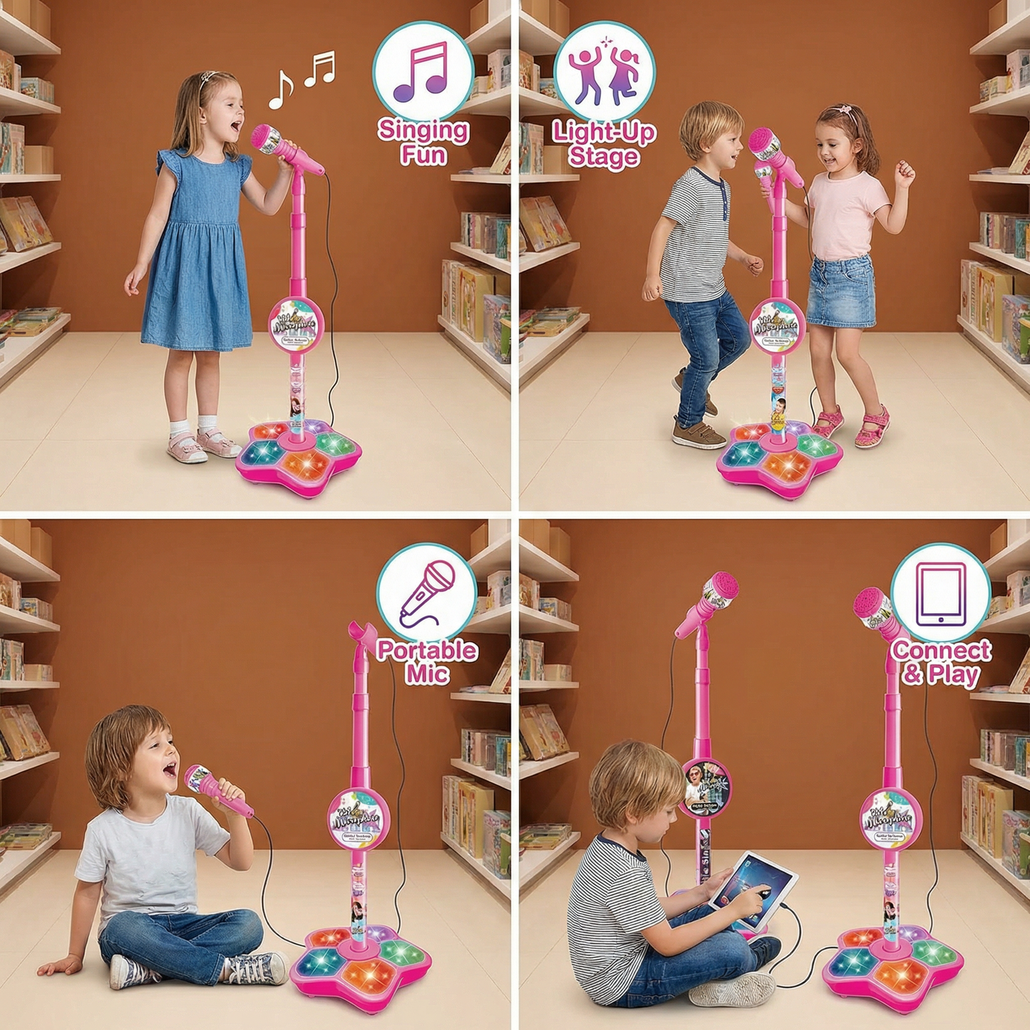Karaoke Microphone Stand with Built In Speaker and Adjustable Height for Kids