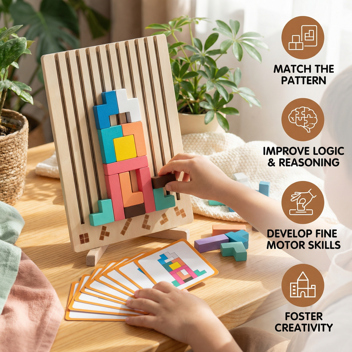 Wooden Shape Matching Block Set for Pattern Play and Quiet Classroom Use