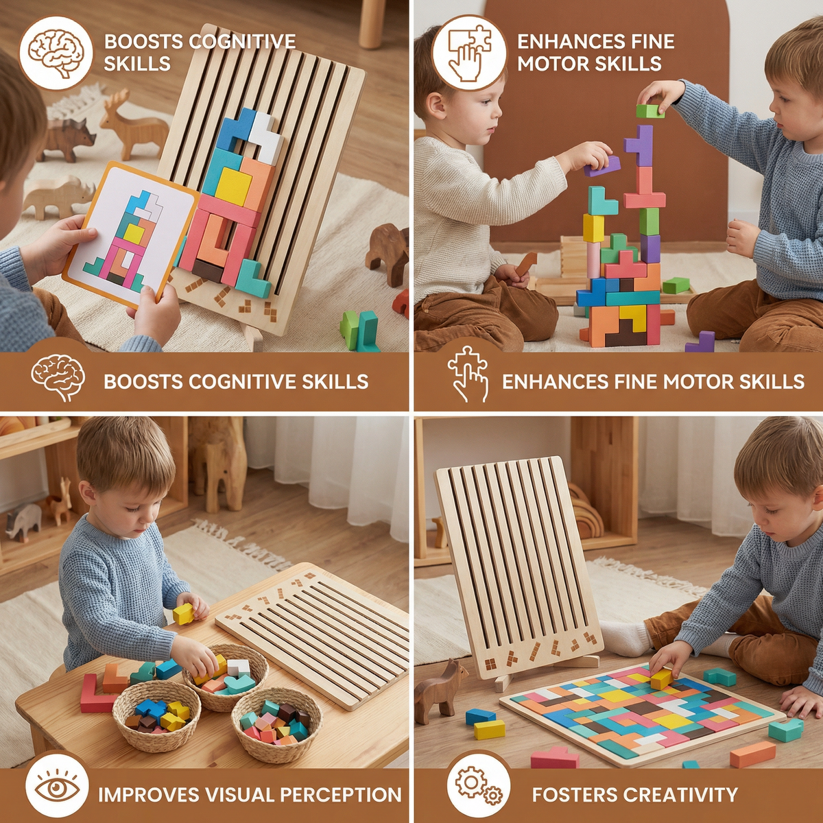 Wooden Shape Matching Block Set for Pattern Play and Quiet Classroom Use