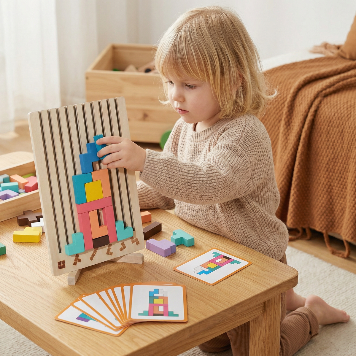 Wooden Shape Matching Block Set for Pattern Play and Quiet Classroom Use