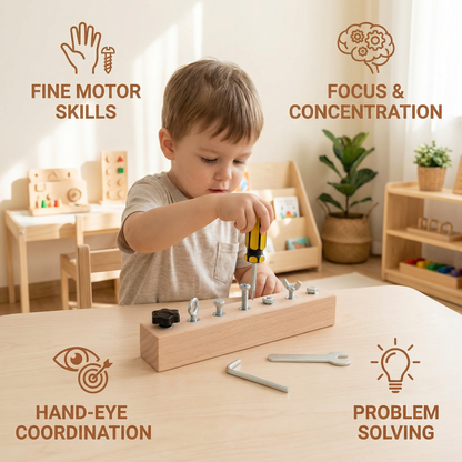 Wooden Screw and Nut Play Set for Twisting Matching and Sorting in Four Or Seven Piece Sizes