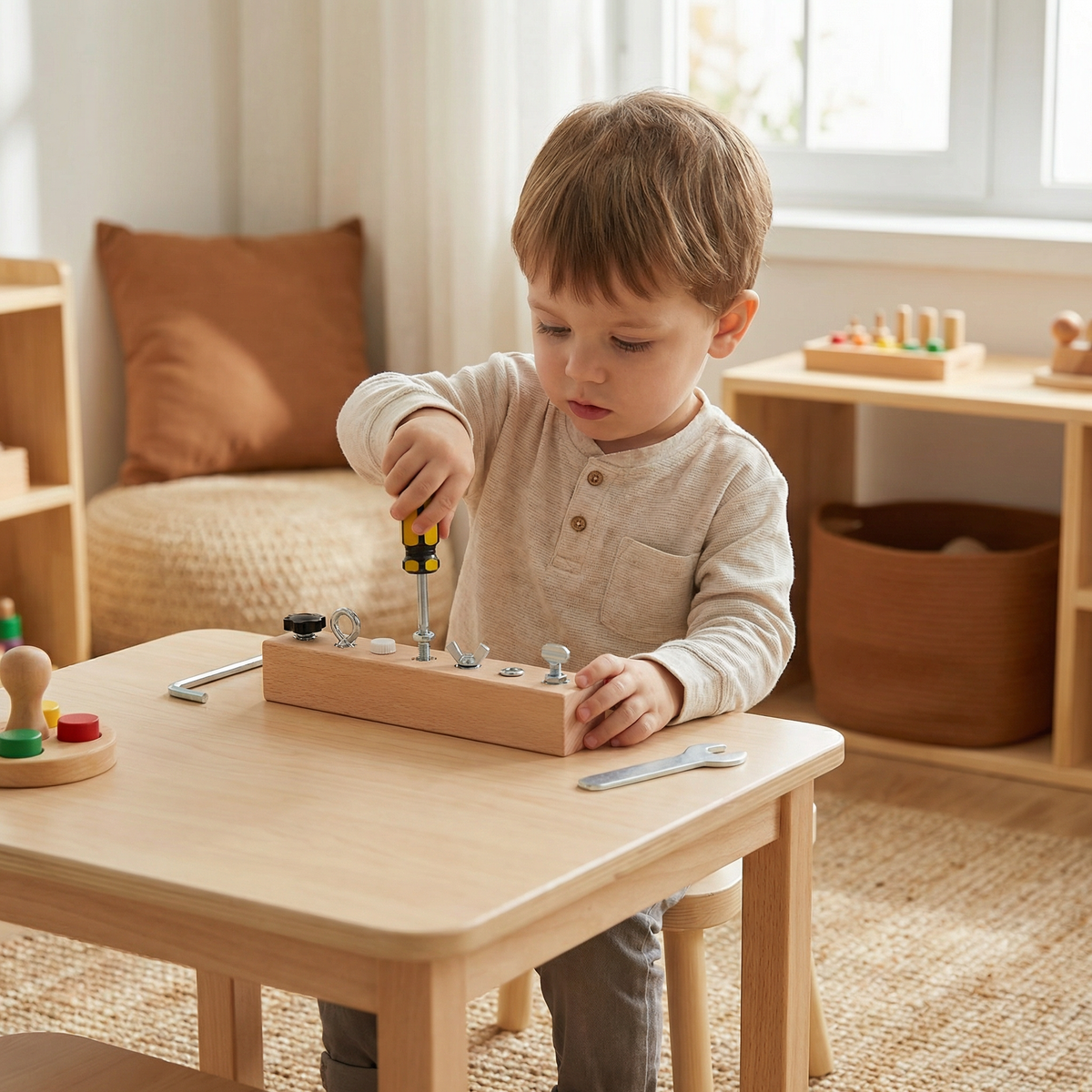 Wooden Screw and Nut Play Set for Twisting Matching and Sorting in Four Or Seven Piece Sizes