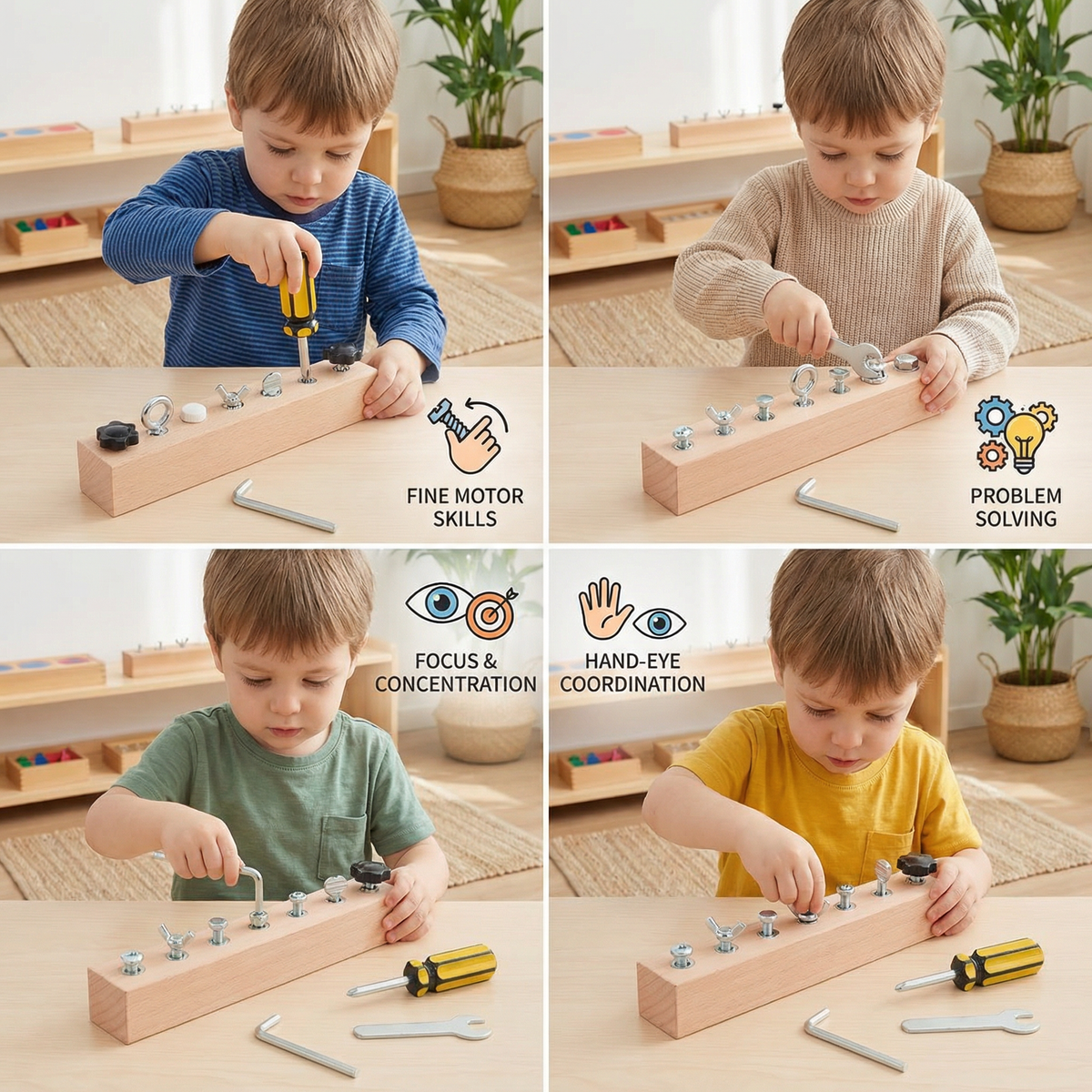 Wooden Screw and Nut Play Set for Twisting Matching and Sorting in Four Or Seven Piece Sizes