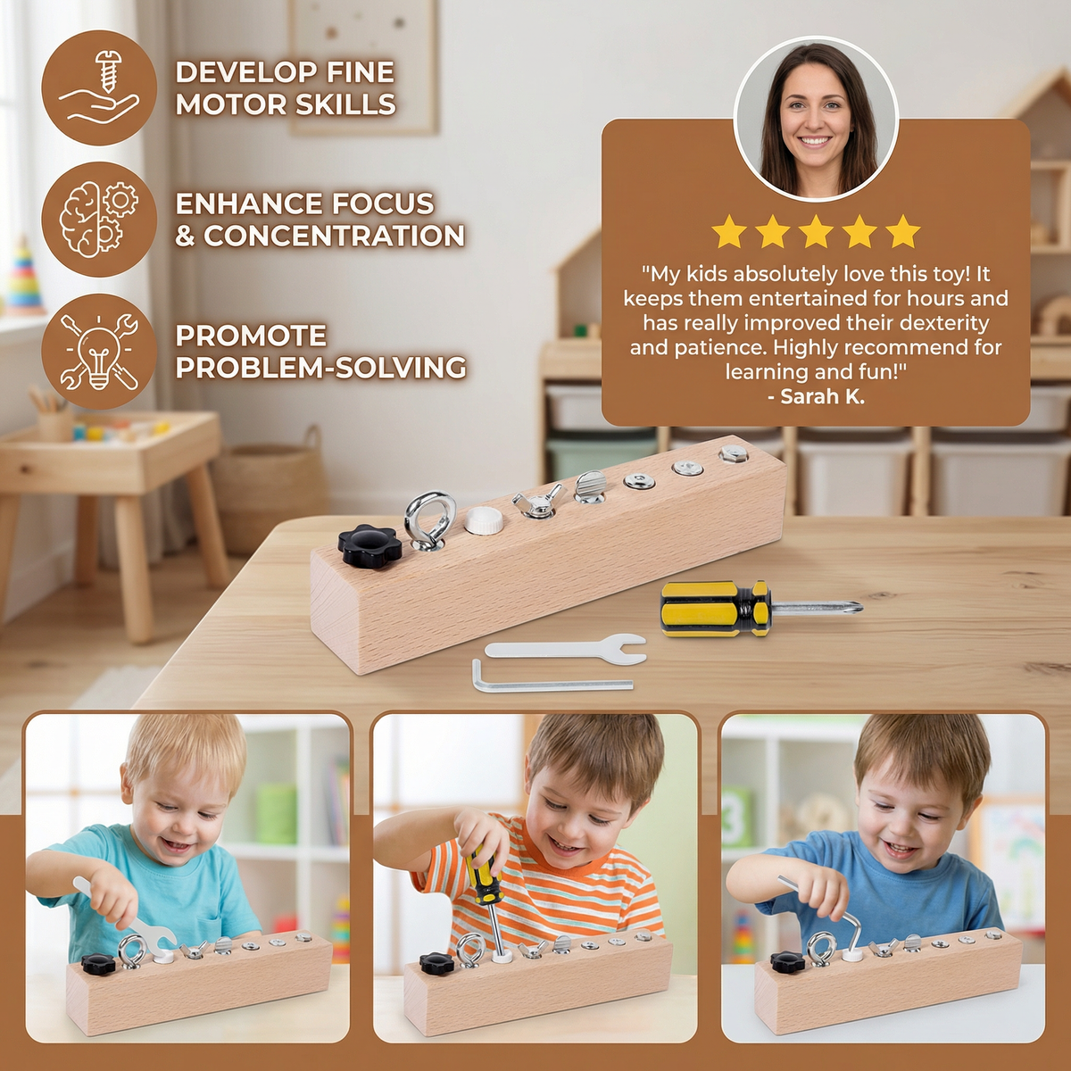 Wooden Screw and Nut Play Set for Twisting Matching and Sorting in Four Or Seven Piece Sizes