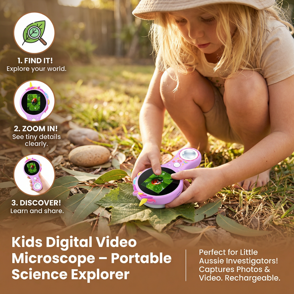 Kids Digital Video Microscope with an Integrated Screen, LED Lights and 500x Zoom in Four Animal Styles