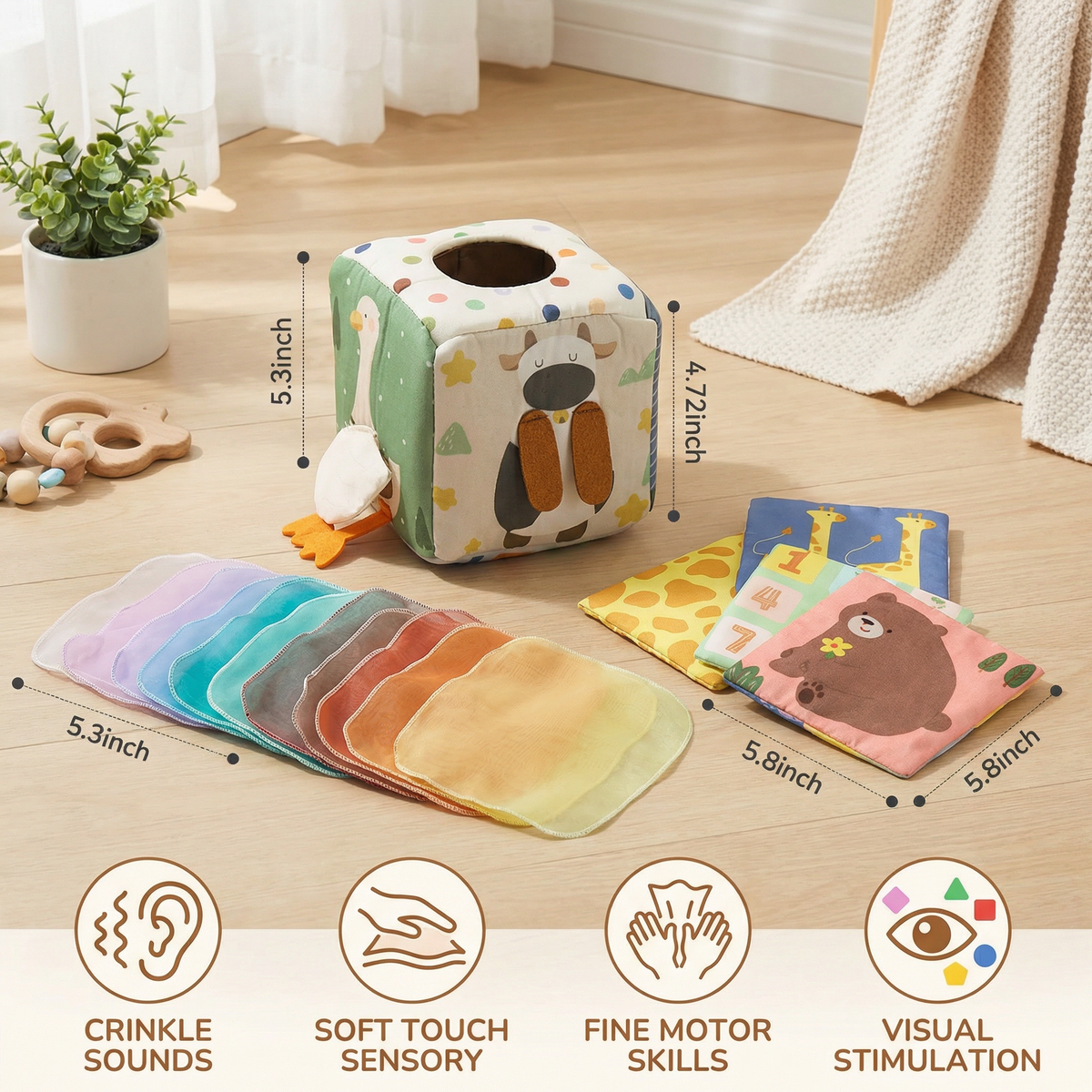 Baby Sensory Tissue Box Toy with Soft Crinkle Cloths for Pull and Play
