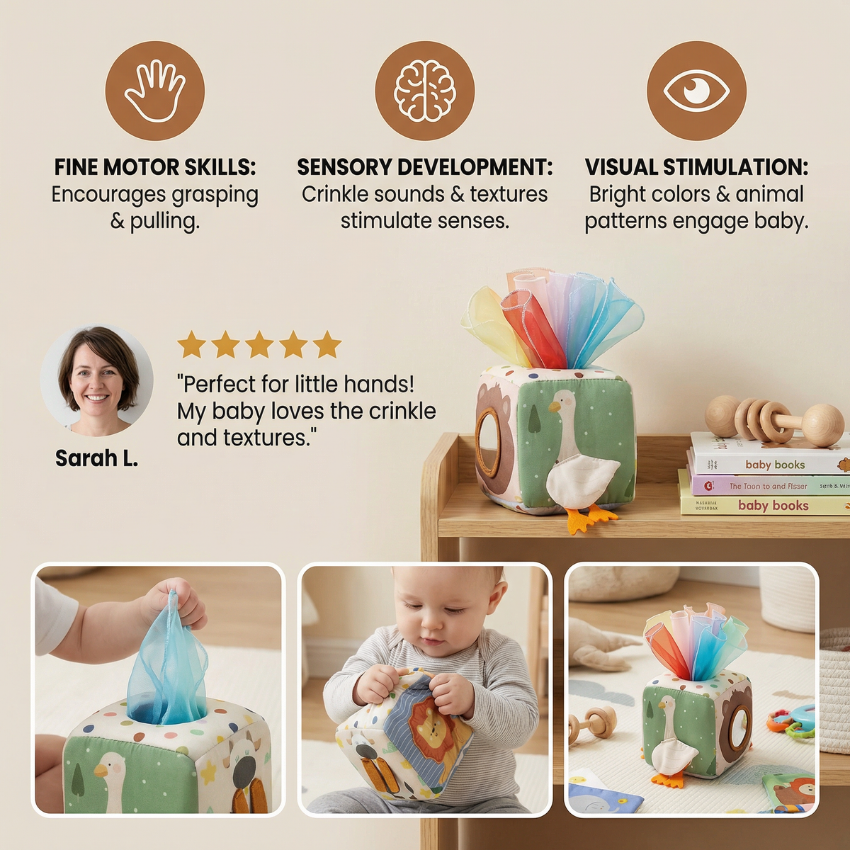 Baby Sensory Tissue Box Toy with Soft Crinkle Cloths for Pull and Play