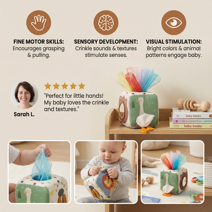 Baby Sensory Tissue Box Toy with Soft Crinkle Cloths for Pull and Play
