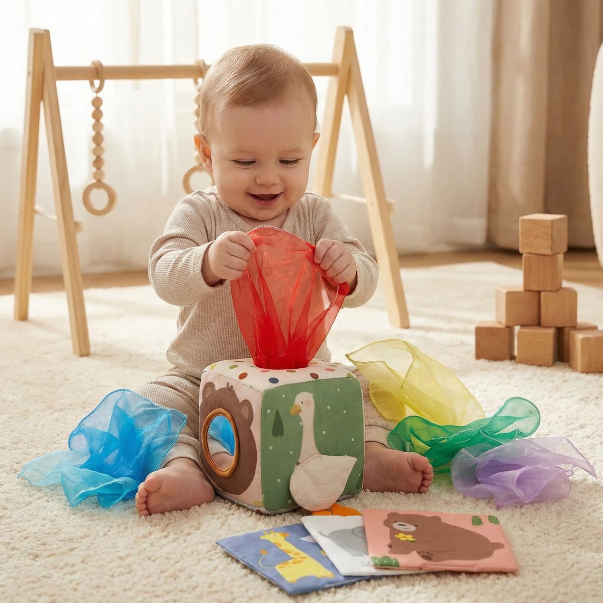 Baby Sensory Tissue Box Toy with Soft Crinkle Cloths for Pull and Play