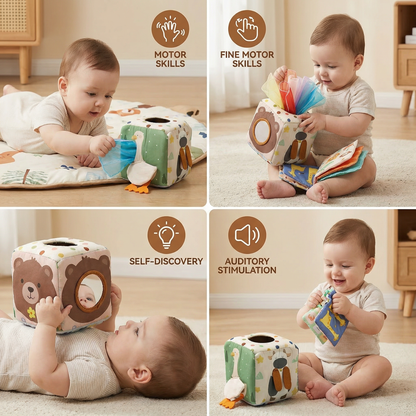 Baby Sensory Tissue Box Toy with Soft Crinkle Cloths for Pull and Play