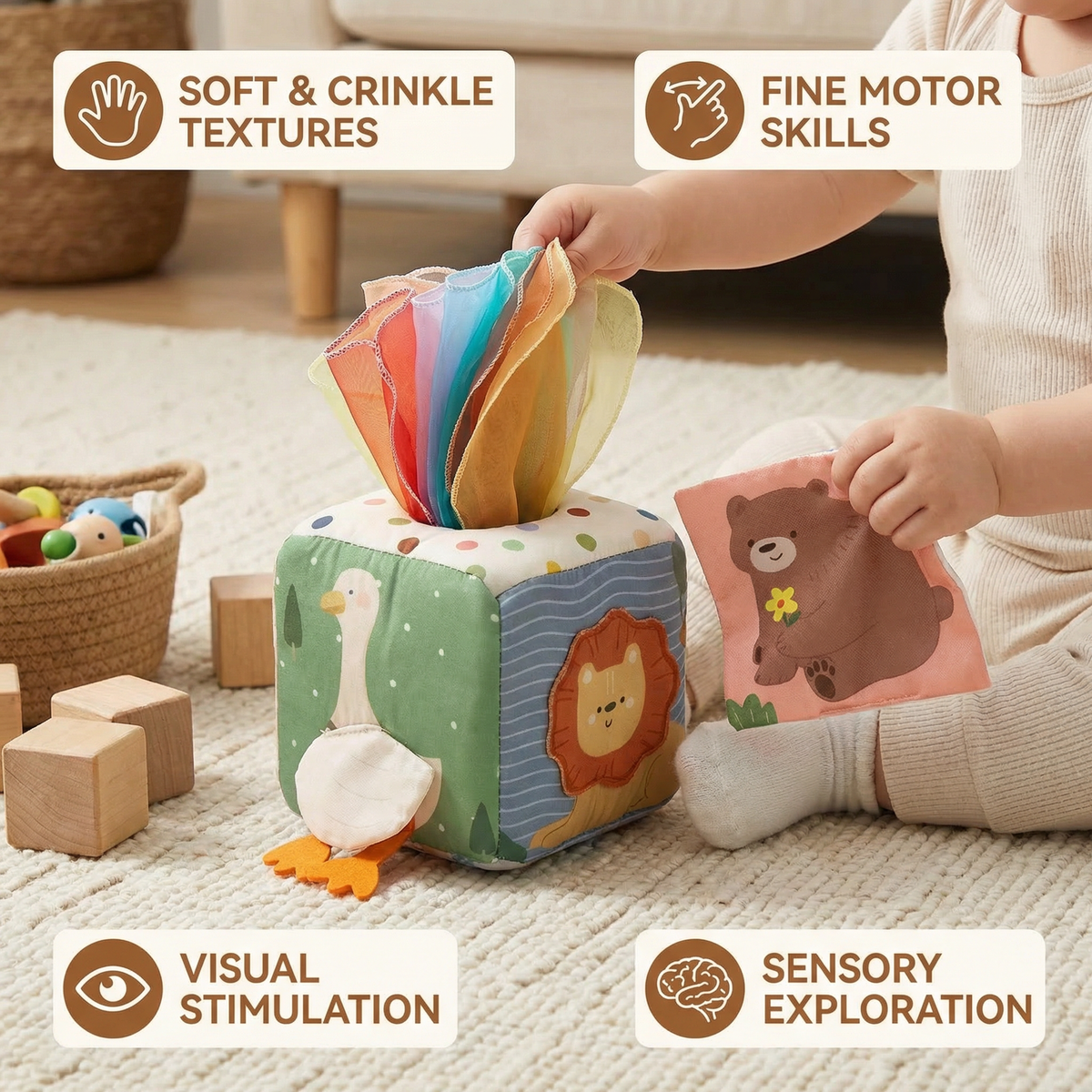 Baby Sensory Tissue Box Toy with Soft Crinkle Cloths for Pull and Play