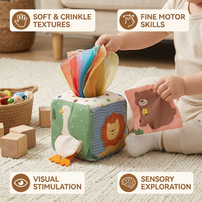 Baby Sensory Tissue Box Toy with Soft Crinkle Cloths for Pull and Play