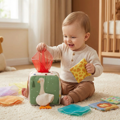 Baby Sensory Tissue Box Toy with Soft Crinkle Cloths for Pull and Play