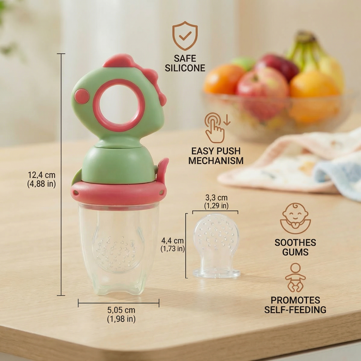 Silicone Baby Fruit Feeder with Push Plunger and Soft Chewable Tip
