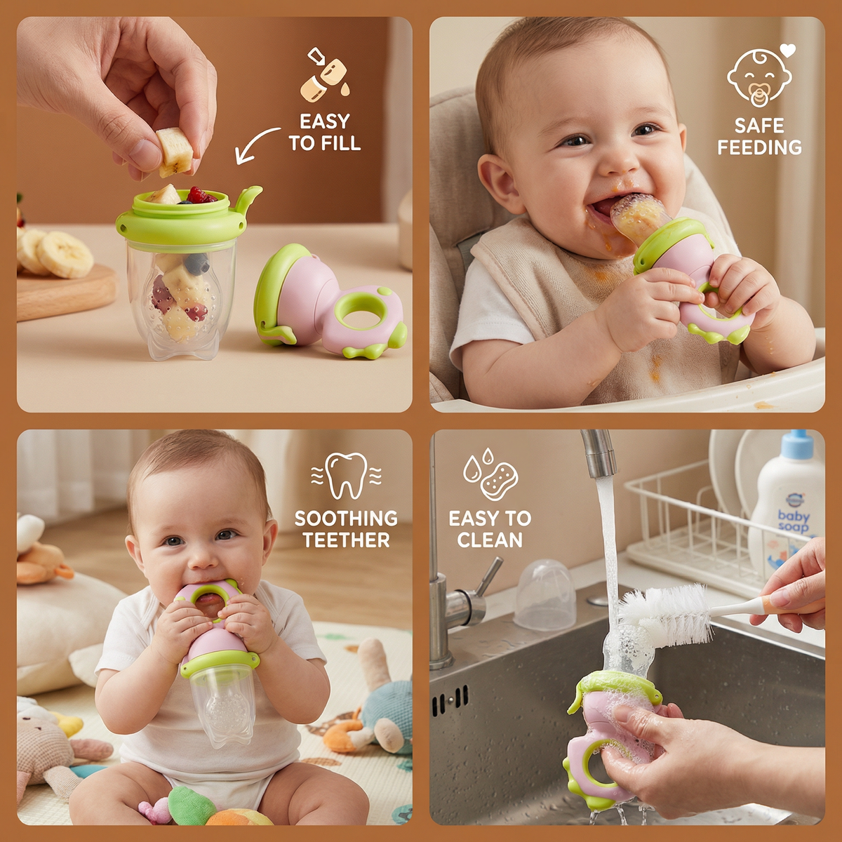 Silicone Baby Fruit Feeder with Push Plunger and Soft Chewable Tip