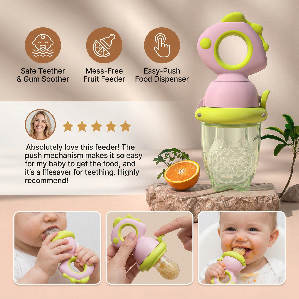 Silicone Baby Fruit Feeder with Push Plunger and Soft Chewable Tip