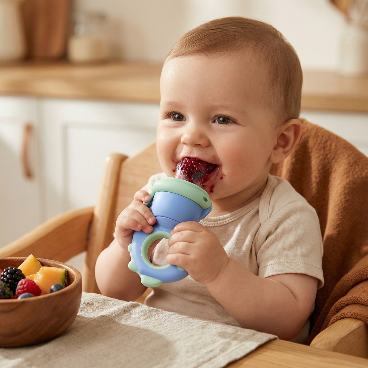 Silicone Baby Fruit Feeder with Push Plunger and Soft Chewable Tip