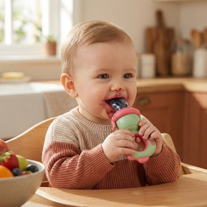 Silicone Baby Fruit Feeder with Push Plunger and Soft Chewable Tip