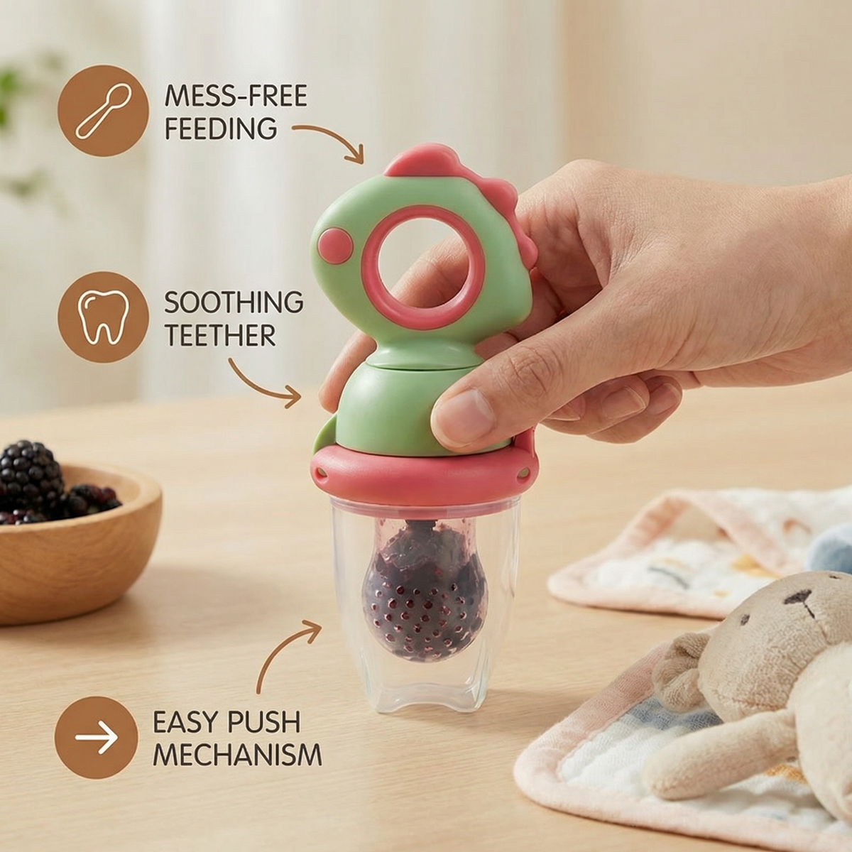 Silicone Baby Fruit Feeder with Push Plunger and Soft Chewable Tip