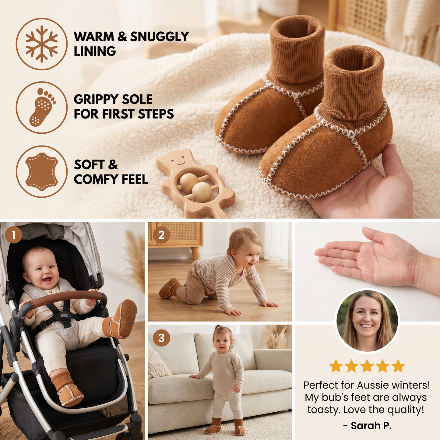 Baby Sock Shoes with Lined Warmth and Grip Sole, Suede Finish