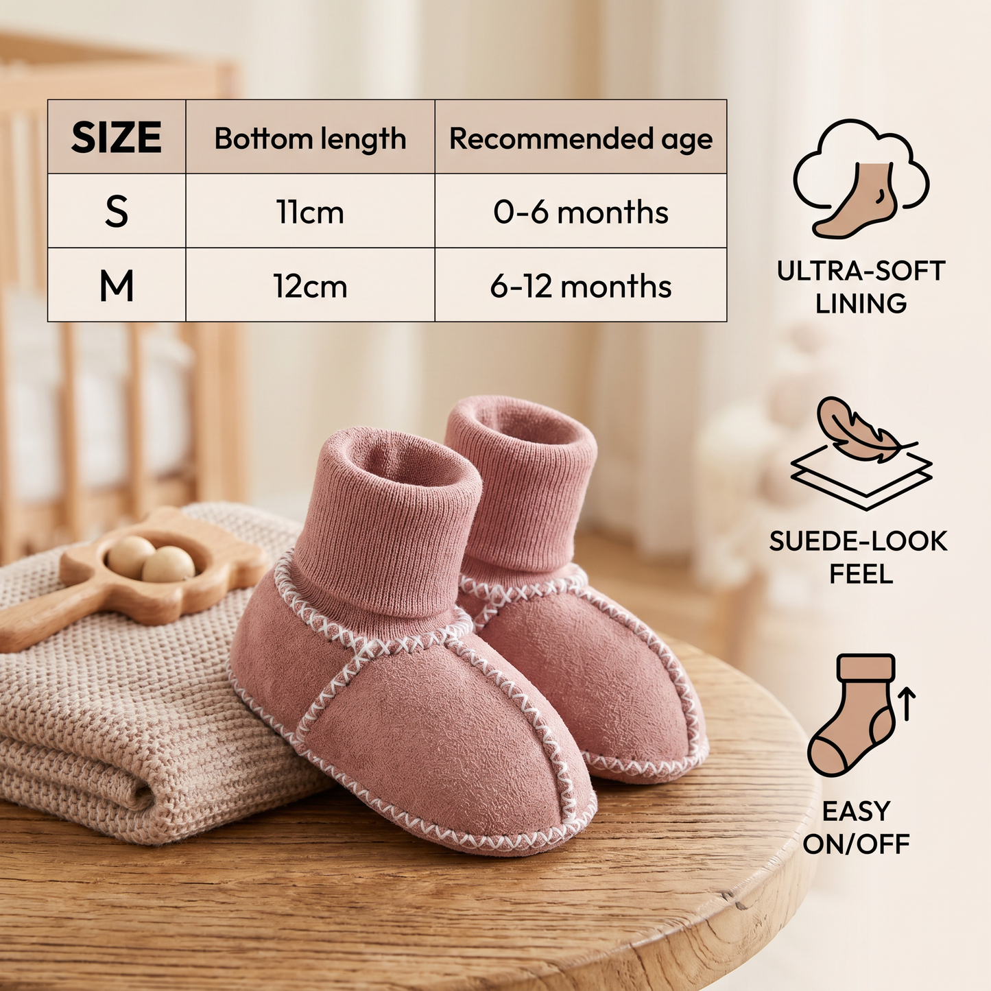 Baby Sock Shoes with Lined Warmth and Grip Sole, Suede Finish