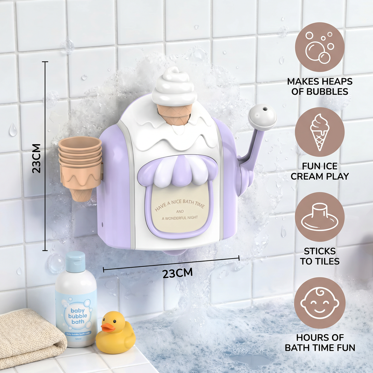 Ice Cream Machine Bath Toy with Bubble Maker and Friendly Face for Baby Bath Time
