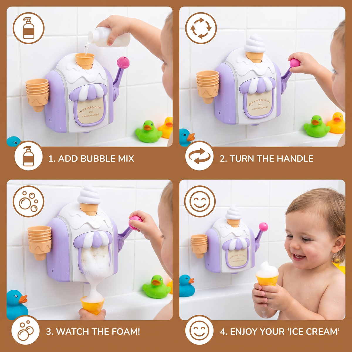 Ice Cream Machine Bath Toy with Bubble Maker and Friendly Face for Baby Bath Time
