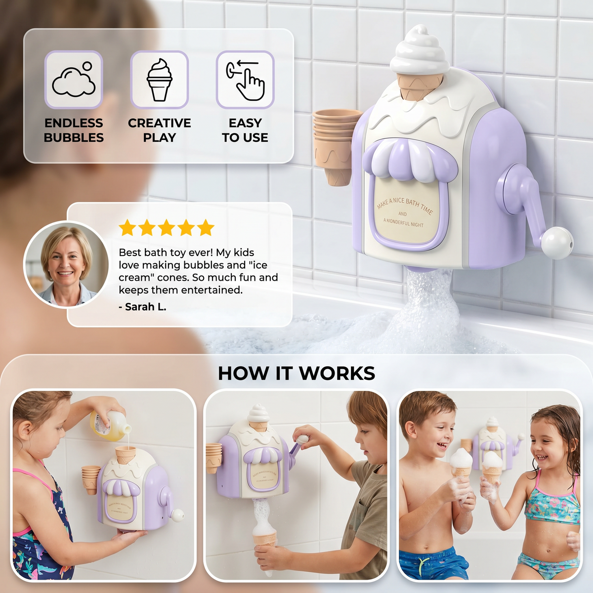 Ice Cream Machine Bath Toy with Bubble Maker and Friendly Face for Baby Bath Time