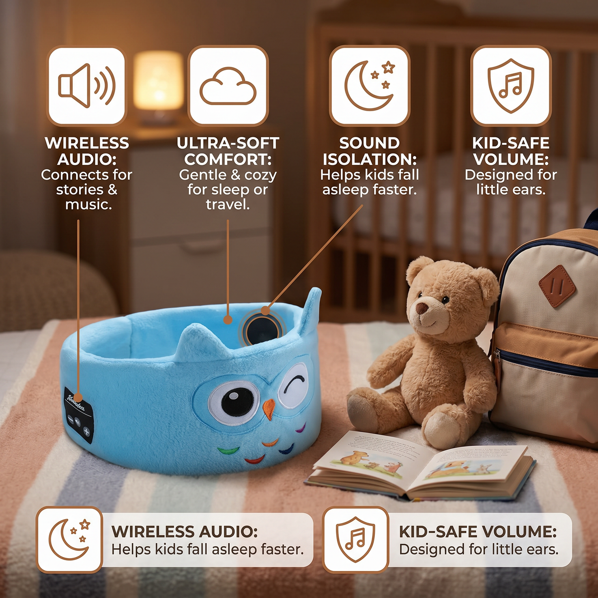 Soft Sleep Headband with Built in Wireless Speakers in Nine Animal Designs for Travel and Naps